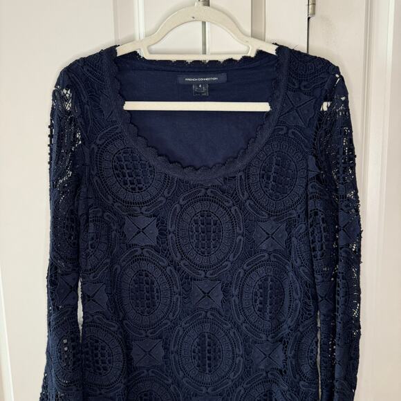 FRENCH CONNECTION Lark Rise Lace Dress Scalloped Crochet Trim Blue | 4 - Picture 10 of 13